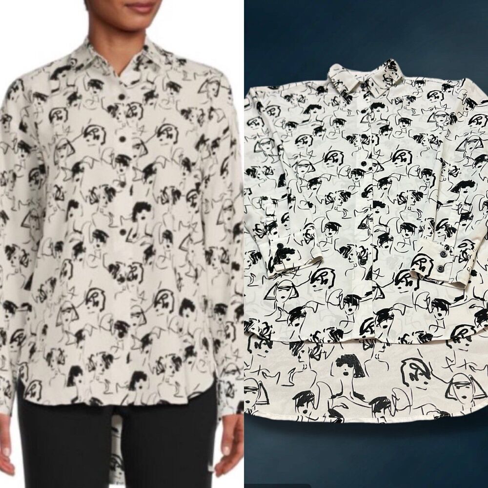 Karl Lagerfeld Black and White Abstract Sketch Button-Up Blouse XS